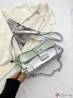 BirdinBag - Adjustable Shoulder Strap Metallic Glossy Avant-garde Underarm Bag Trendy Rectangular Baguette Bag With Silver-tone Hardware, Trendy Handheld Bag With Silver-tone Hardware, Trendy Pouch Bag With Silver-tone Hardware, Silver Bag With Chain Strap For Travel, Silver Bags With Chain Strap For Travel, Versatile Silver Crossbody Shoulder Bag, Versatile Silver Rectangular Bag, Versatile Rectangular Silver Bag, Trendy Handheld Shoulder Bag With Silver-tone Hardware