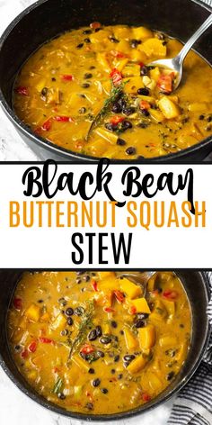 black bean butternut squash stew in a skillet