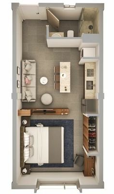 an overhead view of a bedroom and living room