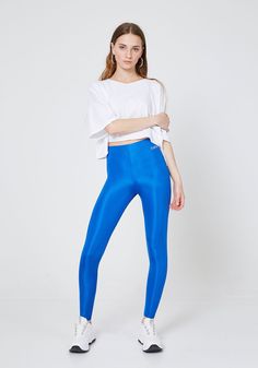 Front Look of Blue Shiny High Waisted Stretchy Slogan Leggings Blue Shiny Leggings, Disco Pants Outfit, Blue Leggings Outfit, How To Make You, Lycra Leggings, Wet Look Leggings, Activewear For Women, Disco Pants, Shiny Fabric