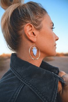 "Opalite is a purity stone that stimulates joy and positive vibrations. The powder blue white color feels angelic. These handmade, gold hammered hoops are unique and make you feel like you own every room you step into. �▲ Opalite gemstone arrowheads electroplated in 14k gold ▲ 2\" hammered gold plated hoops ▲ Drop length 2.5\" ▲ Weight: 1/4 oz ▲ Hypoallergenic ▲ Comes gift-ready in a beautiful white jewelry box ▲ Handmade just for you ✦ N A T U R A L - V A R I A T I O N ✦ Please note, these are r Positive Vibrations, Dangle Earrings Boho, Bride Earrings, Hammered Gold, Handmade Gold, Etsy Earrings Dangle, Blue Earrings, Polish Jewelry, Jewelry Earrings Hoops