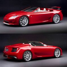 the red sports car is shown in two different views, one showing the top and side view