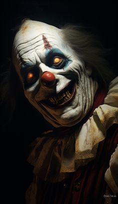 a creepy clown with red eyes and white hair