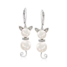 7.5-9mm Cultured Pearl and Diamond-Accented Cat Drop Earrings in Sterling Silver | Ross-Simons Most Expensive Pearl, Silver Cat Pendant, White Pearl Jewelry, Emerald Earrings Drop, Cultured Pearl Ring, Pearl Birthstone, Cat Pendant Necklace, Fake Jewelry, Sterling Silver Cat