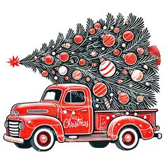 an old red truck carrying a christmas tree