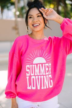 Are you a summer loving type of gal? We are too! Which is why we love this sweatshirt so much! It's so comfy and cute! We love that color too! This sweatshirt is perfect for styling with a pair of shorts or a pair of white jeans! This sweatshirt features long sleeves, corded fabric, a crew neckline, and a summer graphic. Material has a generous amount of stretch.Cindy is wearing the small. Summer Loving