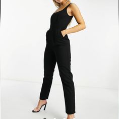 Asos Design Hourglass Denim Square Neck Fitted Jumpsuit In Washed Black Size 12. Please View Pictures And Approximate Measurements Length 55.5" And Ptp 19", Waist 16.5, Inseam See Picture. Stg Chic High Waist Overalls For Work, Trendy Black Sleeveless Denim Jumpsuit, Black High-rise Fitted Denim Jumpsuit, Black High Rise Fitted Denim Jumpsuit, Fitted Black Denim Jumpsuit With Pockets, High Rise Black Overalls For Spring, Chic Black Denim Overall Jumpsuit, Fitted High Rise Jumpsuits For Night Out, Fitted High Rise Jumpsuits And Rompers For Night Out