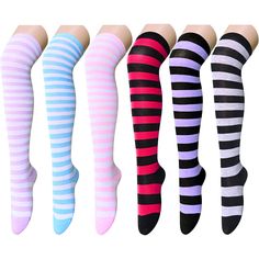 PRICES MAY VARY. THIGH HIGH SOCKS - Bring all your favorite spring and summer skirts and dresses into fall and winter with these over knee socks. They come in white with purple stripes, white with blue stripes, white with pink stripes, red with black stripes, purple with black stripes and grey with black stripes. These thigh socks provide ample coverage and keep your legs warm. SIZE & PACKAGING - Our thigh high socks for women are designed to fit shoe sizes 6-9 and sock sizes 9-11. The length fr High Thigh Socks, Thigh High Tube Socks, Striped Thigh High Socks, Striped Knee High Socks, Socks Knee High, Thigh Socks, Knee High Stockings, Over Knee Socks, Slouch Socks