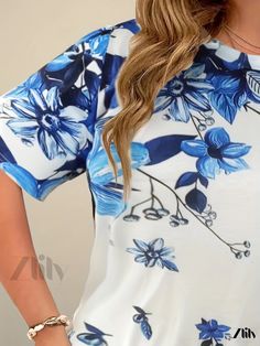 Zlily - High-Stretch, Short-Sleeved Round Neck Casual T-Shirt for Women Plus Size with Floral Print Design Blue Floral Print Crew Neck Blouse, Floral Print Stretch Crew Neck Top, Stretch Floral Print Crew Neck Top, Graphic Print Stretch Blouse With Short Sleeves, Stretch Graphic Print Blouse With Short Sleeves, Stretch Graphic Print Short Sleeve Blouse, Floral Print Design, Contrast Collar, Women Plus Size