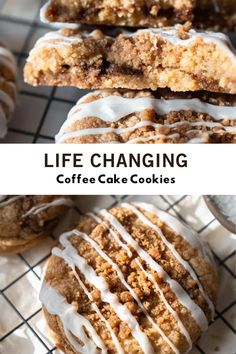 three different views of coffee cake cookies with icing on top and the same cookie