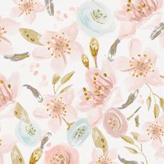 pink and blue flowers on white background with gold glitters in the center, all over