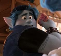 an animated character with blue hair holding a donut in his right hand and looking at another character