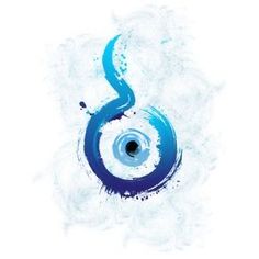 an eyeball in the center of a blue and white swirl on a white background