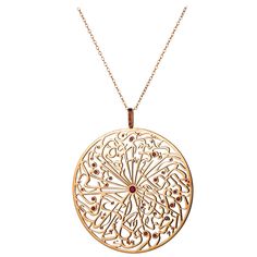 From the Parisa London Collection, this artistically stylised handmade filigree pendant and chain is made with heavy 18 karat gold, set with round cut rubies. A matching earrings, ring and bracelet is available under separate listing. Ruby Colour: Red Cut: Round Diameter: 60 mm Ruby Weight: 0.70 Carat (Total estimated whilst set) Gold Weight: 20.70 grams Date: Circa 2019 About Talisman Calligraphy The message from Parisa latest collection Talisman Calligraphy is based on Van-Yakad Created into modern patterns. Since ancient times Talisman have been worn as jewels to bring harmony, good fortune and protect the wearer. Parisa collection is exquisite and captures the spirit of this energy with every piece, easy to wear and great to be given and gifted to loved ones on any occasion. Yellow Gold Artistic Design Jewelry Gift, Artistic Design Yellow Gold Jewelry For Gift, Artistic Design Yellow Gold Jewelry Gift, Ornate Yellow Gold Round Pendant Necklace, Ornate Yellow Gold Necklace With Round Pendant, Luxury Filigree Medallion Necklace, Round Amulet Necklace With Intricate Design, Luxury Filigree Medallion Necklaces, Luxury Filigree Round Pendant Necklace