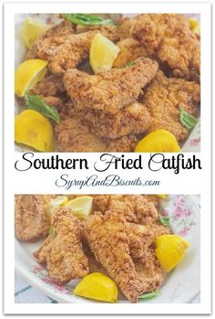 southern fried cajun fish with lemons on the side and another image in the background