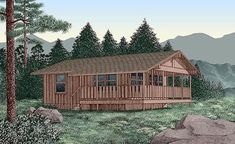 this is a computer rendering of a cabin in the woods with mountains and trees behind it