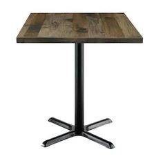 a square wooden table with two black metal cross legs and a dark wood top, viewed from the front