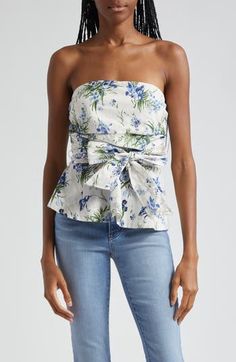 Delicate blooms dapple a winsome cotton top designed to show off your shoulders. 16" length (size 8) Hidden side-zip closure Strapless 100% cotton Dry clean Imported Chic Strapless Top With Floral Print, Chic Strapless Floral Print Top, Strapless Floral Print Top For Spring, Chic Strapless Cotton Top, Cotton Strapless Tops For Day Out, Spring Off-shoulder Cotton Tops, Cotton Floral Print Off-shoulder Tops, Feminine Spring Strapless Tops, Cotton Off-shoulder Top With Floral Print