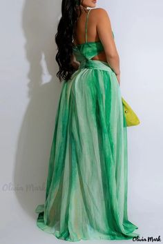 Olivia Mark - Elegant Maxi Dress with Gradient Colors and Spaghetti Straps Spring Vacation Two-piece Maxi Dress, Spring Two-piece Maxi Dress For Vacation, Two-piece Maxi Dress For Spring Vacation, Green Vacation Sundress With Spaghetti Straps, Green Sundress With Spaghetti Straps For Vacation, Green Spaghetti Strap Sundress For Vacation, Green Spaghetti Strap Dress For Beach Season, Strapless Green Sundress For Spring, Green Strapless Sundress For Summer