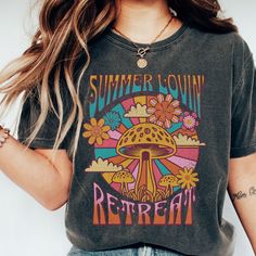 🩴 Summer Lovin' Retreat Mushroom Shirt.  Trendy Retro Vibes Summer T-Shirt. 🩴 Click here to view our shop for more great designs --- https://www.etsy.com/shop/GraceAndFlipFlops Click on the ❤️ to see our new designs as they arrive. 🩴 Comfort Colors T-Shirt - The unisex cotton tee is the perfect staple of any wardrobe. The Unisex relaxed fit makes it an excellent daily choice. 🩴 Sizing - See listing image for a specific sizing chart for this style. Please note these are unisex style, and ther Summer Graphic Tee With Retro Print, Summer Retro Print Graphic Tee Tops, Summer Retro Print Graphic Tee, Vintage Printed T-shirt For Summer, Summer Retro Print Crew Neck Top, Summer Crew Neck Top With Retro Print, Crew Neck Retro Print Summer Top, Groovy Graphic Print Summer Shirt, Hippie Crew Neck Summer Tops