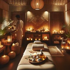 a spa room with candles and towels on the floor, in front of a woman