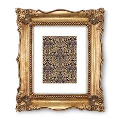 an ornate gold frame with a blue and white flower pattern on the front, against a white background