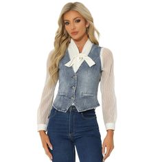 The sleeveless jean vest is an item timeless and it is on trend. It is an excellent slim-fit design to show your attractive and charming figure. The single-breasted denim waistcoat is versatile to match with a simple t-shirt or casual floral dress to build lady chic outfits. Pair it with a basic shirt, casual clothing, sports shoes, boots, or sandals. Bespoke Closet, Denim Waistcoat Outfit Woman, Casual Button-up Denim Vest, Chic Button-up Denim Vest With Button Closure, Casual Washed Blue Button-up Denim Vest, Summer V-neck Denim Blue Denim Vest, Casual V-neck Denim Vest, Denim Vest Outfit, Sleeveless Jean Jackets