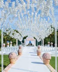 an outdoor wedding setup with white flowers on the aisle and chairs in the back ground