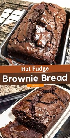 hot fudge brownie bread on a cooling rack with the words, hot fudge brownie bread