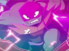 an animated character with purple hair and eyes, holding a knife in his hand while surrounded by lightning