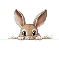 a rabbit peeking over a blank sign with grass growing around it's sides and eyes