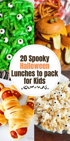 halloween lunches to pack for kids including hot dogs, popcorn and other treats with eyes on them