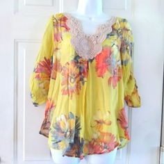 Spense Crochet Neck Yellow Floral Blouse. An Eye-Catching Crocheted Neckline Revamps This Floral Blouse By Spense With A Dazzling Finish. New With Tag Size S/P (Run More Big) Excellent Condition Pet/Smoke Free Home Fast Shipping Yellow Floral Print Blouse For Spring, Spring Yellow Floral Print Blouse, Yellow Bohemian Summer Blouse, Bohemian Yellow Summer Blouse, Flowy Yellow Tops For Spring, Flowy Yellow Blouse For Day Out, Yellow Flowy Casual Blouse, Yellow Flowy Summer Blouse, Yellow Floral Print Blouse For Day Out