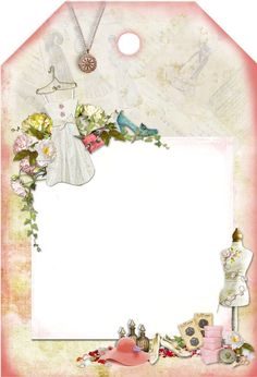 an old fashion photo frame with clothes and flowers on the bottom, and a necklace hanging from