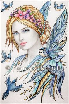 a drawing of a woman with blue feathers and flowers on her head