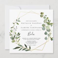 Tropical Green Leaves Spanish Front & Back Wedding Invitation