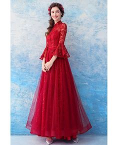 Buy Modest Red Lace Flare Sleeve Formal Dress For Wedding at wholesale price online. Free shipping and pro custom service since 2009. Formal Dress For Wedding, Sleeve Formal Dress, Formal Dresses With Sleeves, Dress For Wedding, Wedding Store, Standard Dress, Formal Dresses For Weddings, Wedding Rentals, Satin Color