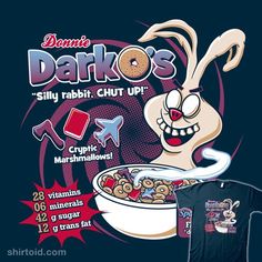 the back cover of darko's cereal, featuring an image of a bunny eating cereal