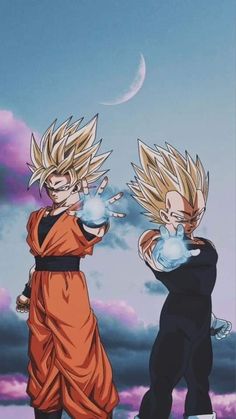 two young gohan standing next to each other in front of a cloudy blue sky