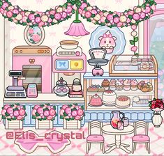 an image of a kitchen with pink flowers on the ceiling and furniture in front of it