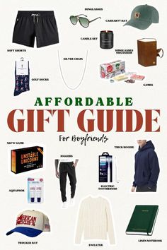 the ultimate gift guide for boyfriends is on display in this graphic style poster, which includes