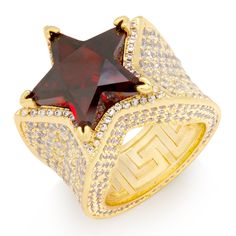 Gold Plated / 14K Gold / 7 Ruby Star Ring RGX14240-7 Hip Hop Rings, Jewelry King, Vvs Diamond, Greek Key Pattern, White Stones, Star Ruby, Star Ring, Hip Hop Jewelry, Red Star