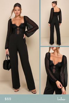 The first step for a successful date night is you in the Lulus Instant Attraction Black Mesh Lace Long Sleeve Bustier Jumpsuit! This sultry jumpsuit has a stretchy, sheer mesh and lace composition that shapes a sweetheart neckline and a bustier-inspired bodice with seamed cups and supportive underwire. Long sheer balloon sleeves (with elasticized shoulders and cuffs) frame the high-fitted waist that sits atop full-length, straight pant legs with a crepe knit fabrication. Hidden back zipper/clasp Lace Bustier, Lulu Fashion, Black Mesh, Straight Pants, Long Sleeve Lace, Sweetheart Neckline, Date Night, Bodice, Full Length