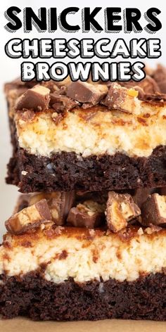 three brownies stacked on top of each other with chocolate and marshmallows