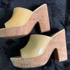 How Fun Are These? Yellow!!! Patent Leather Upper. Big, Chunky, Cork Heel, Perfect For Summer. Heel Height Is 5" With 1-1/2" Platform. New, Never Worn. Yellow Closed Toe Platform Heels, Yellow Wedge Heel Sandals For Spring, Yellow Wedge Sandals For Spring, Chic Yellow Leather Wedge Sandals, Yellow Synthetic Platform Heels, Yellow Wedge Sandals With Platform And Round Toe, Yellow Leather Platform Wedge Sandals, Yellow Closed Toe Synthetic Wedge Sandals, Yellow Synthetic Closed Toe Wedge Sandals