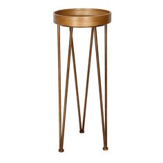 a wooden table with metal legs and a round tray on the top that is holding a planter