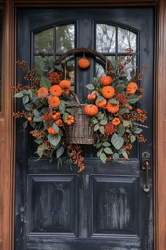 an orange wreath hangs on the front door of a house with pumpkins and greenery