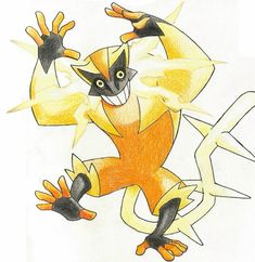 a drawing of a yellow and black cat with its arms stretched out in the air