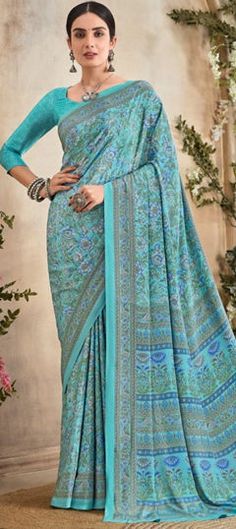 Blue color Saree in Crepe Silk fabric with Floral, Printed work Traditional Blue Printed Saree, Blue Digital Print Saree For Festivals, Festive Printed Blue Saree, Festive Blue Printed Saree, Festive Blue Digital Print Saree, Festive Blue Saree With Printed Motifs, Traditional Blue Saree With Digital Print, Traditional Blue Saree With Floral Print, Blue Digital Print Saree For Wedding