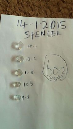 a piece of paper that has been written on it with numbers and gems attached to it